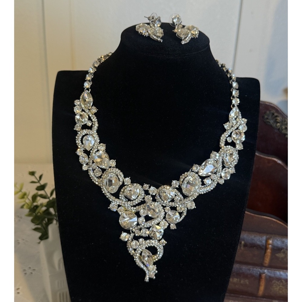 Vintage Style Rhinestone Statement Necklace & Earrings Set Silver Tone Bridal‎